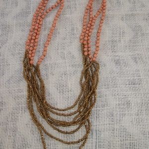 Slum Dr. Paper Bead Coral & Gold Long Necklace